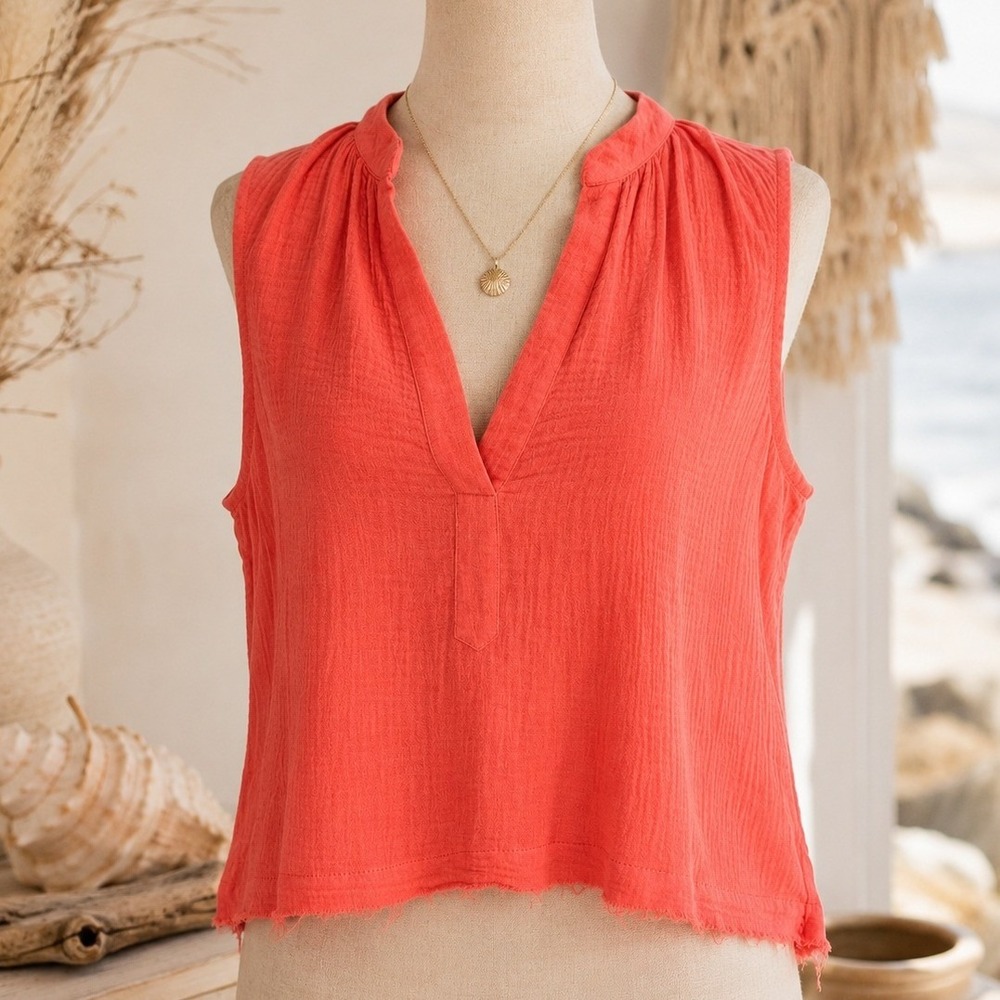 Lulus Sleeveless Top Women Small Orange Raw‎ Hem Oversized Cotton NWT Gauze Boho